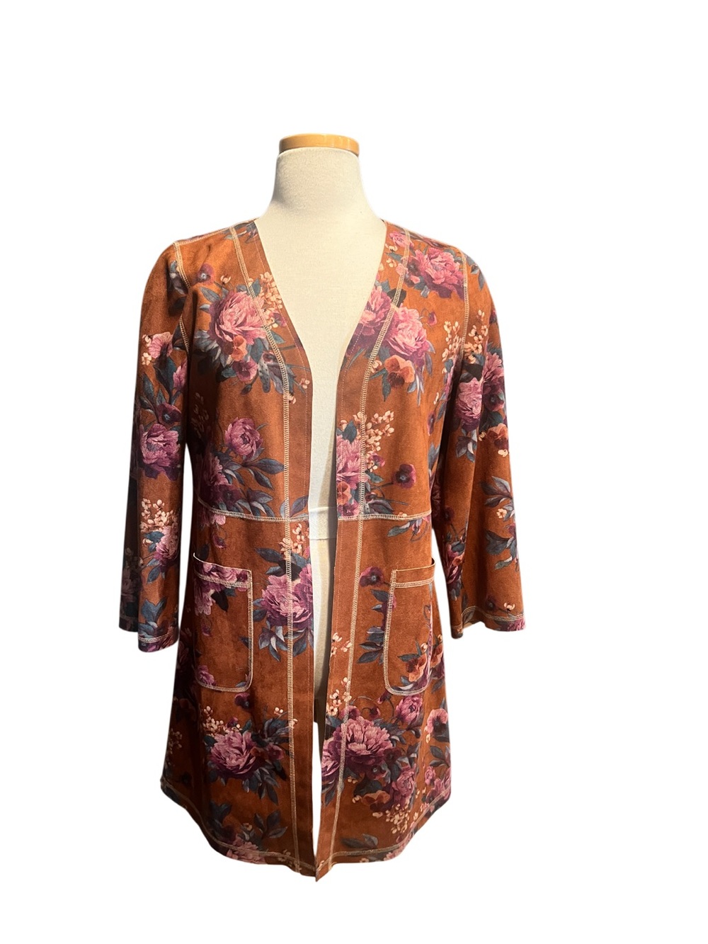 Solitaire by Ravi Khosla Faux Suede Floral Duster Cardigan.Size Medium NWT